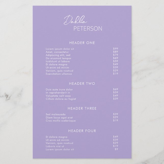 Minimal Lavender Modern Business Price List Flyer (Front)