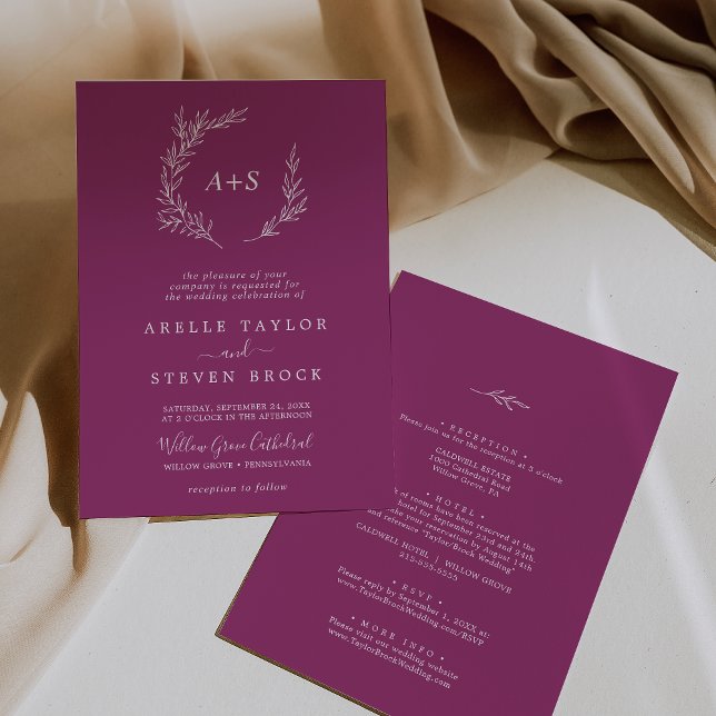 Minimal Leaf | Berry Purple All In One Wedding Invitation (Creator Uploaded)