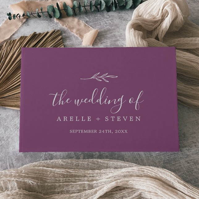 Minimal Leaf | Berry Purple Monogram Back Wedding Guest Book (Creator Uploaded)