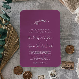 Minimal Leaf Berry Purple Traditional Wedding Invitation