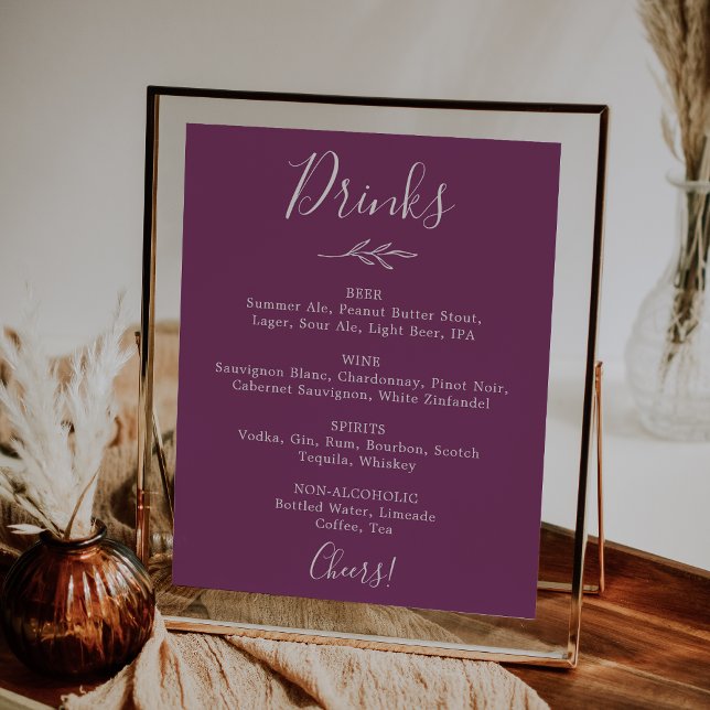 Minimal Leaf | Berry Purple Wedding Drinks Menu Poster (Creator Uploaded)