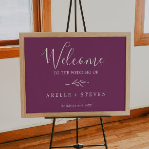 Minimal Leaf   Berry Purple Wedding Welcome Poster