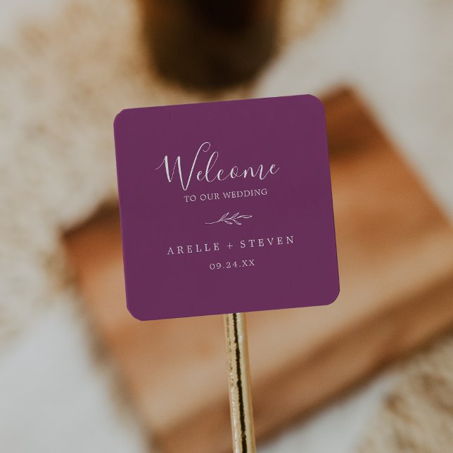 Minimal Leaf | Berry Purple Wedding Welcome Square Sticker (Creator Uploaded)