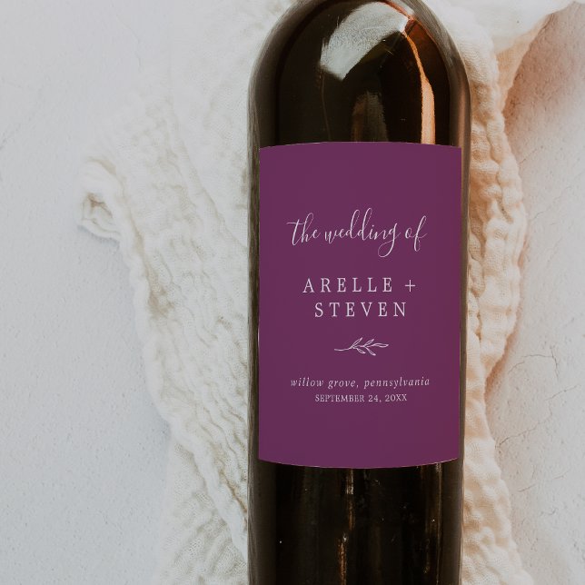 Minimal Leaf | Berry Purple Wedding Wine Label (Creator Uploaded)