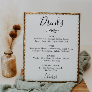 Minimal Leaf   Black and White Wedding Drinks Menu Poster