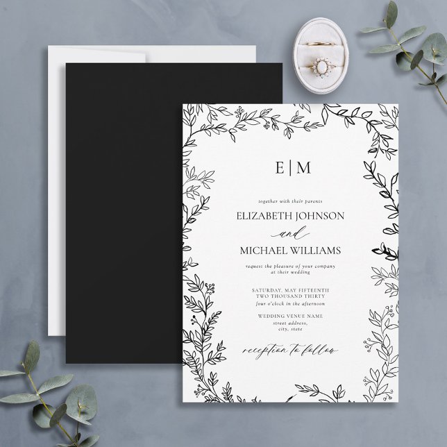 Minimal Leaf Black White Elegant Monogram Wedding Invitation (Creator Uploaded)