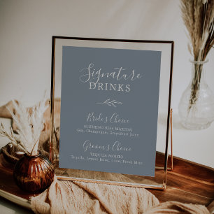 Minimal Leaf Blue and White Signature Drinks Poster