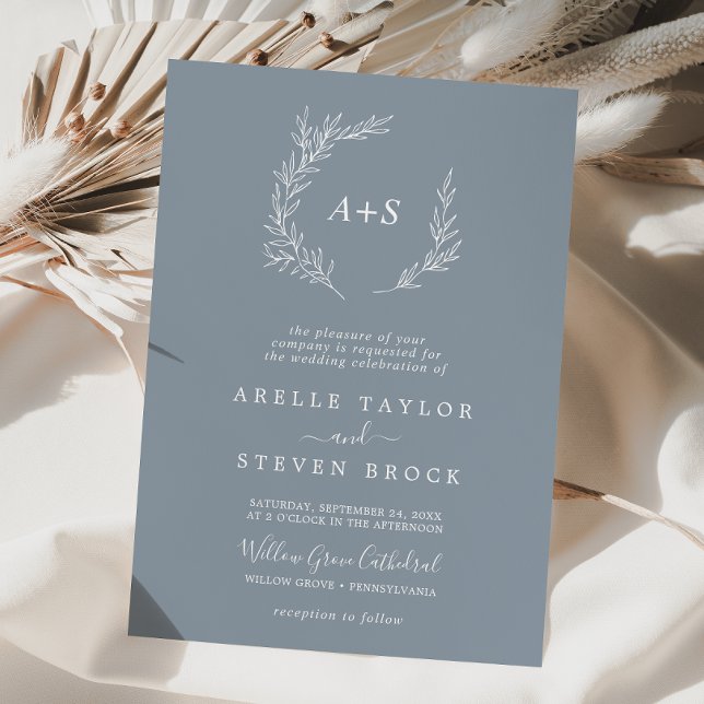 Minimal Leaf Blue & White Formal Monogram Wedding Invitation (Creator Uploaded)