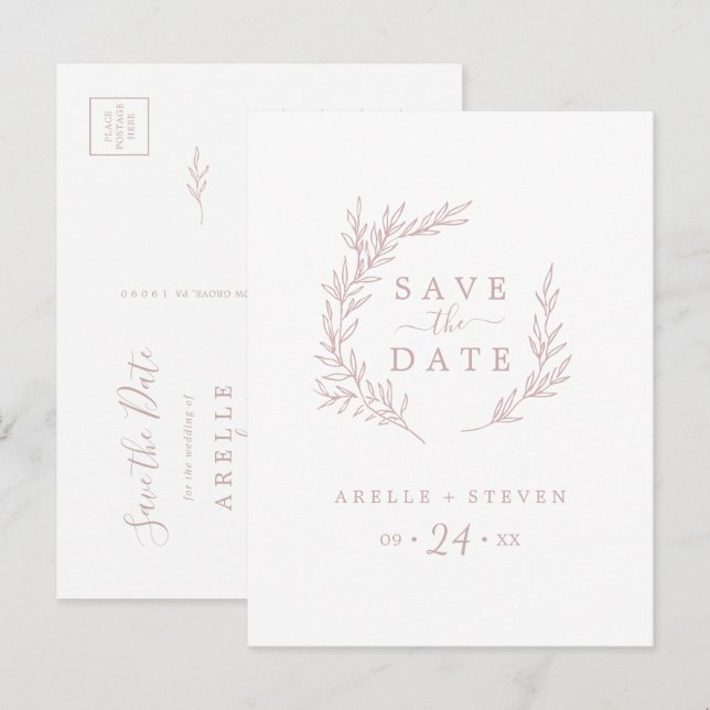 Minimal Leaf | Blush Pink Save the Date Invitation Postcard (Front/Back)