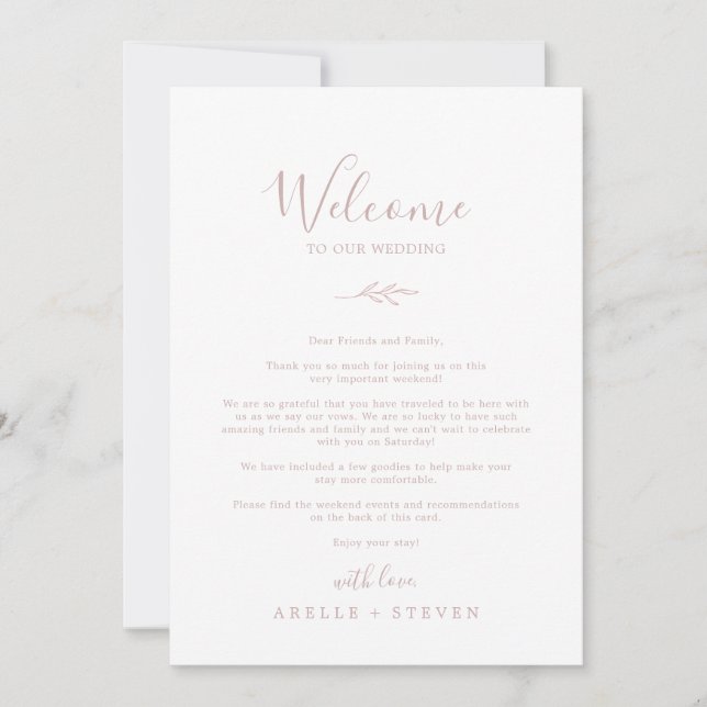 Minimal Leaf Blush Pink Welcome Letter & Itinerary (Front)