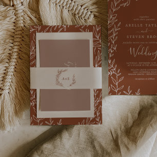 Minimal Leaf   Boho Cream Monogram Wedding Invitation Belly Band