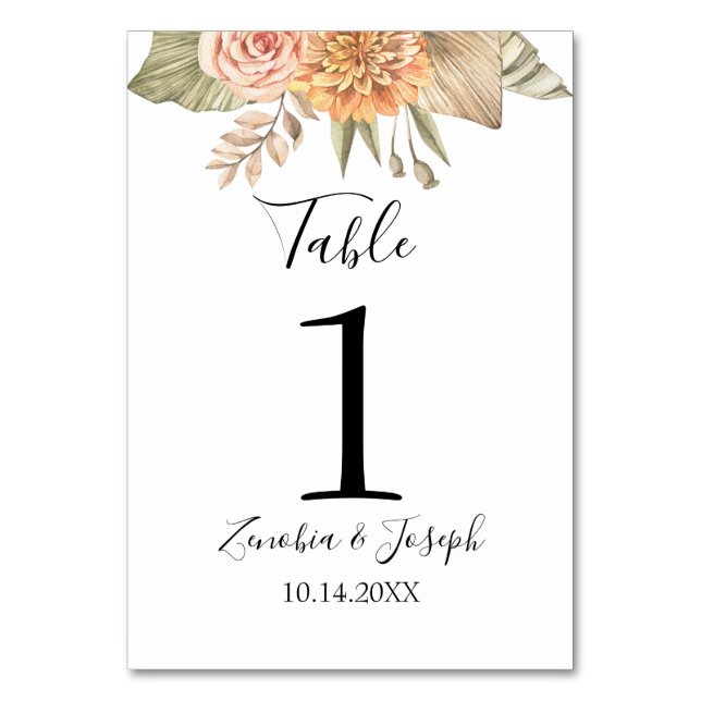 Minimal Leaf Boho Floral Wedding Table Number (Front)