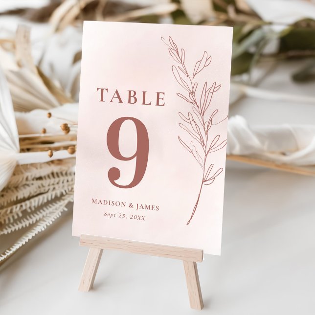 Minimal Leaf Boho Pink Elegant Wedding Table Number (Creator Uploaded)