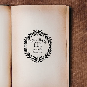 Minimal Leaf Botanical Wreath Ex Libris Bookplate Rubber Stamp