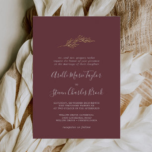 Minimal Leaf Burgundy and Gold Foil Formal Wedding