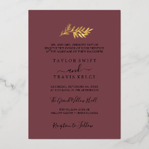 Minimal Leaf Burgundy and Gold Foil Formal Wedding