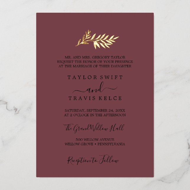 Minimal Leaf Burgundy and Gold Foil Formal Wedding (Front)