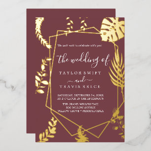 Minimal Leaf Burgundy and Gold Foil Wedding