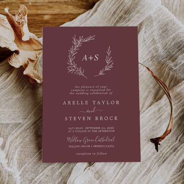 Minimal Leaf | Burgundy Formal Monogram Wedding Invitation (Creator Uploaded)