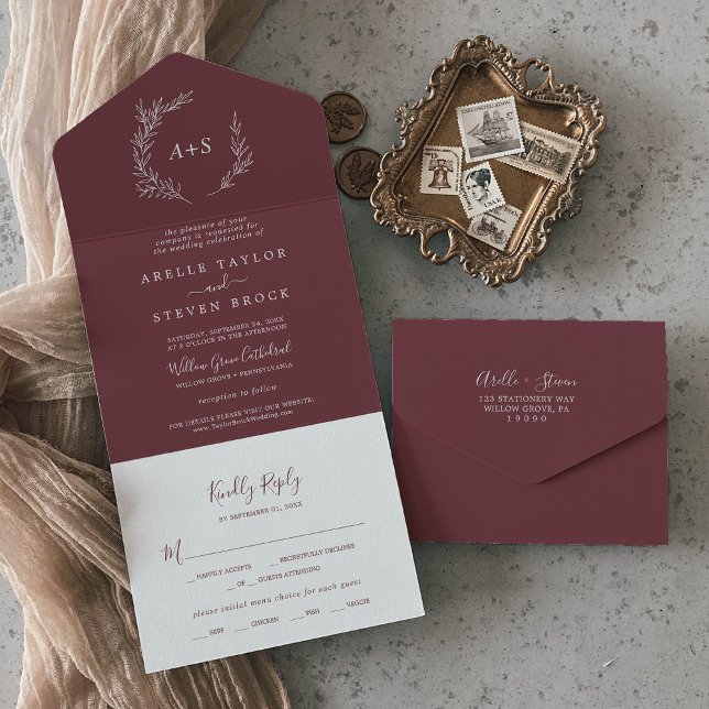 Minimal Leaf | Burgundy Wedding All In One Invitation (Creator Uploaded)
