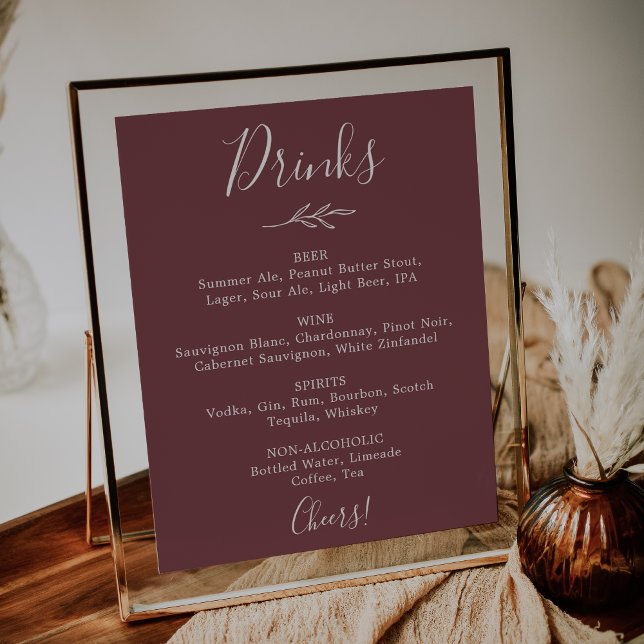 Minimal Leaf | Burgundy Wedding Drinks Menu Poster (Creator Uploaded)