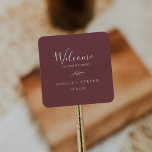 Minimal Leaf | Burgundy Wedding Welcome Square Sticker<br><div class="desc">These minimal leaf burgundy wedding welcome stickers are perfect for a boho wedding. The bohemian design features a simple greenery silhouette in a dark red wine colour with classic minimalist boho style. Personalize these stickers with the location of your wedding, names, and wedding date. These labels are perfect for destination...</div>