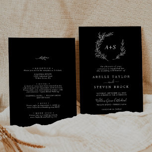 Minimal Leaf   Dark Black All In One Wedding Invitation