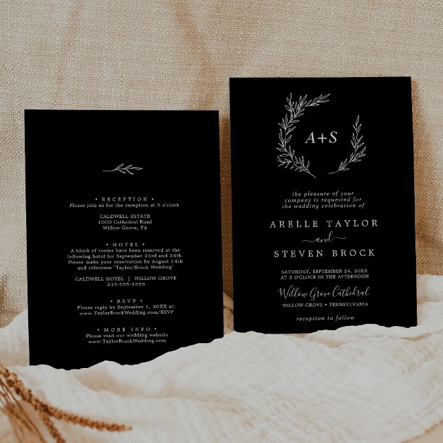 Minimal Leaf | Dark Black All In One Wedding Invitation (Minimal Leaf | Dark Black All In One Wedding Invitation)