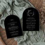 Minimal Leaf | Dark Black Arch All In One Wedding Invitation<br><div class="desc">This minimal leaf dark black arch all in one wedding invitation is perfect for a boho wedding. The minimal design features a simple greenery silhouette in white on black with classic minimalist boho style. Personalize with the first initials of the couple. Save paper by including the details on the back...</div>