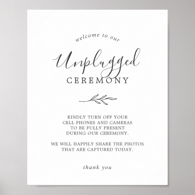 Minimal Leaf | Dark Gray Unplugged Ceremony Sign (Front)