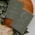 Minimal Leaf | Dark Green All In One Wedding Invitation<br><div class="desc">This minimal leaf dark green all in one wedding invitation is perfect for a boho wedding. The design features a simple greenery leaf silhouette in olive green with minimalist mountain bohemian style. Personalize with the first initials of the couple. Save paper by including the details on the back of the...</div>