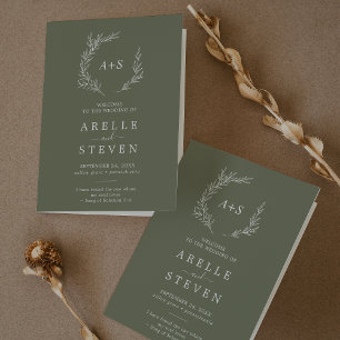 Minimal Leaf   Dark Green Folded Wedding Program