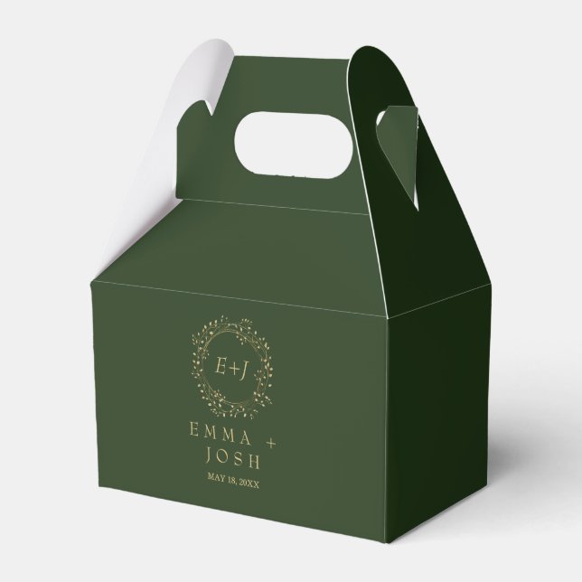 Minimal Leaf | Dark Green Formal Monogram Wedding Favor Box (Front Side)
