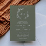 Minimal Leaf | Dark Green Formal Monogram Wedding Invitation<br><div class="desc">This minimal leaf dark green formal monogram wedding invitation is perfect for a boho wedding. The design features a simple greenery leaf silhouette in olive green with minimalist mountain bohemian style. Personalize with the first initials of the bride and groom.</div>