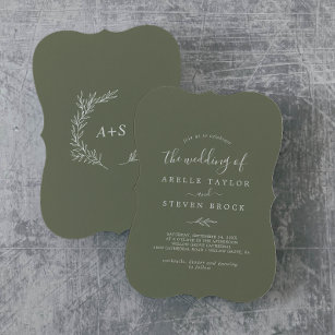 Minimal Leaf   Dark Green Monogram Back Wedding Invitation