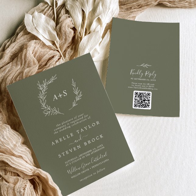 Minimal Leaf | Dark Green Monogram QR Code Wedding Invitation (Creator Uploaded)