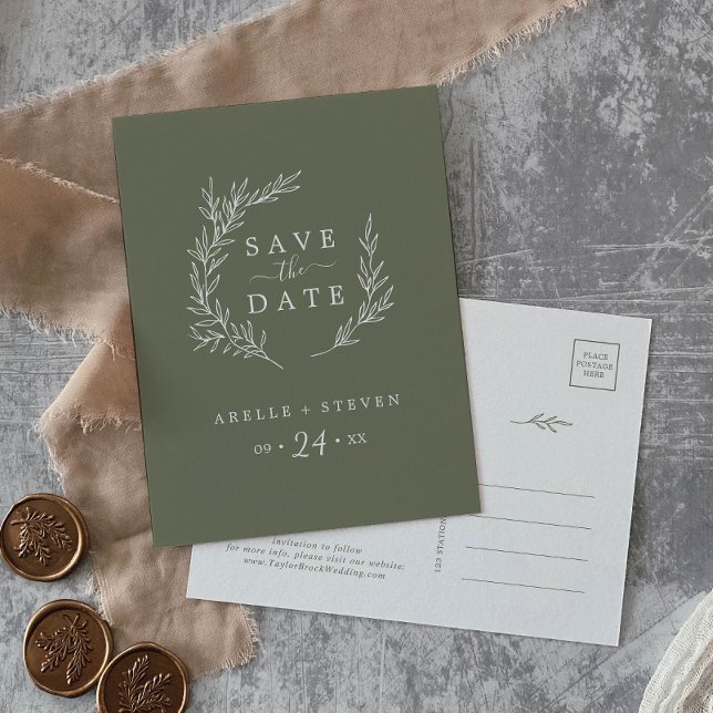 Minimal Leaf | Dark Green Save the Date Invitation Postcard (Creator Uploaded)
