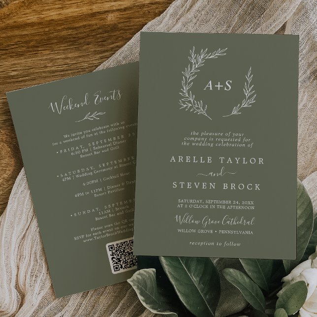 Minimal Leaf | Dark Green Weekend Events Wedding Invitation (Creator Uploaded)