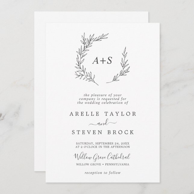 Minimal Leaf | Dark Grey All In One Wedding Invitation (Front/Back)