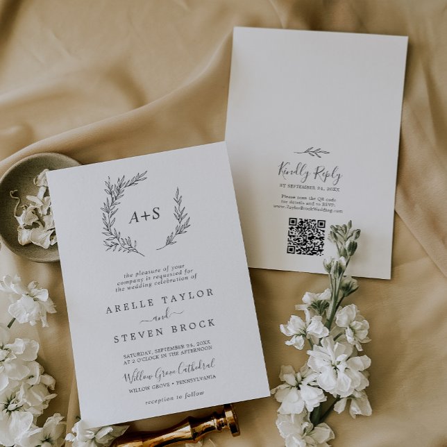 Minimal Leaf | Dark Grey Monogram QR Code Wedding Invitation (Creator Uploaded)