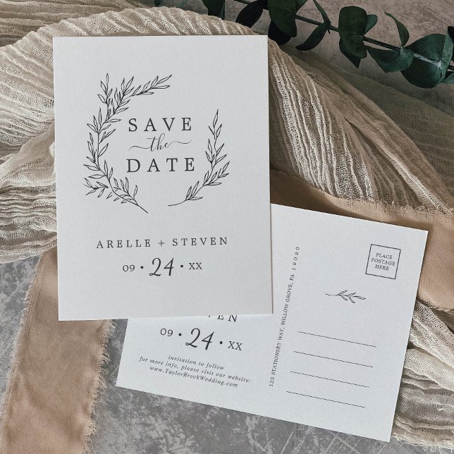 Minimal Leaf | Dark Grey Save the Date Invitation Postcard (Creator Uploaded)