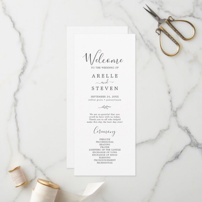 Minimal Leaf | Dark Grey Wedding Program (Front/Back In Situ)