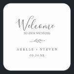 Minimal Leaf | Dark Grey Wedding Welcome Square Sticker<br><div class="desc">These minimal leaf dark grey wedding welcome stickers are perfect for an elegant wedding. The design features a simple greenery silhouette in charcoal grey with classic minimalist style. Personalize these stickers with the location of your wedding, names, and wedding date. These labels are perfect for destination weddings and hotel guest...</div>