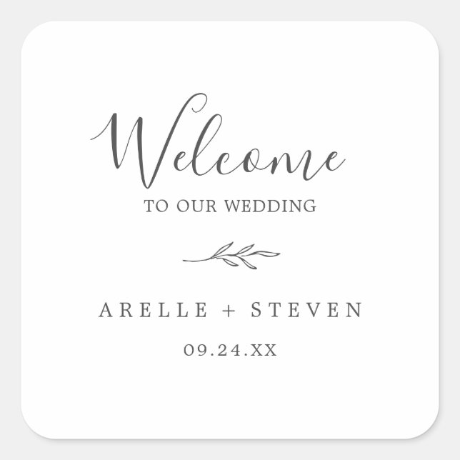 Minimal Leaf | Dark Grey Wedding Welcome Square Sticker (Front)