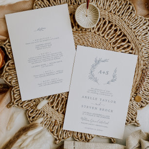 Minimal Leaf   Dusty Blue All In One Wedding Invitation