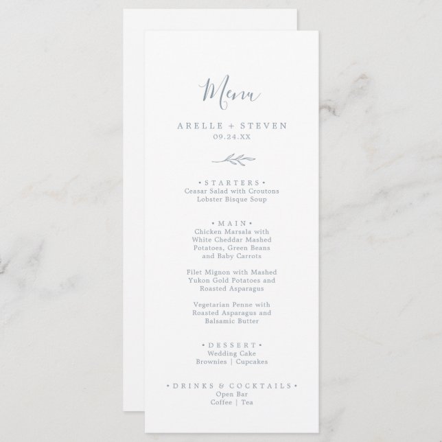 Minimal Leaf | Dusty Blue Dinner and Drinks Menu (Front/Back)