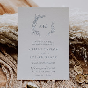 Minimal Leaf   Dusty Blue Formal Monogram Wedding Invitation