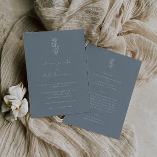 Minimal Leaf Dusty Blue Front & Back Wedding Invitation