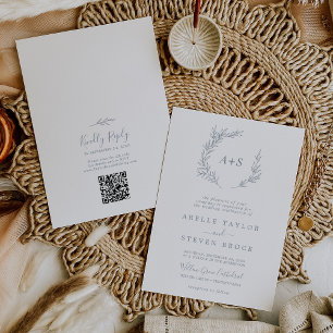 Minimal Leaf   Dusty Blue Monogram QR Code Wedding Invitation