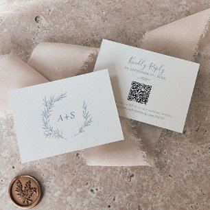 Minimal Leaf   Dusty Blue QR Code Monogram RSVP Enclosure Card